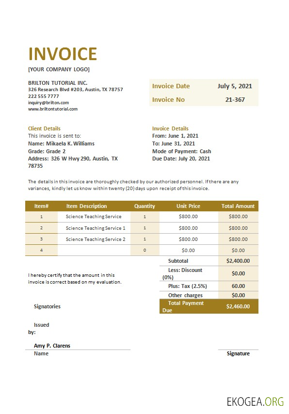 Modèle de facture d'enseignement gratuit